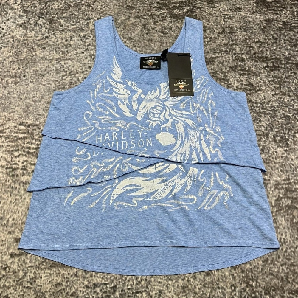 NWT Harley Davidson Tank Top Sleeveless Layered Tier Womens Large Blue Biker